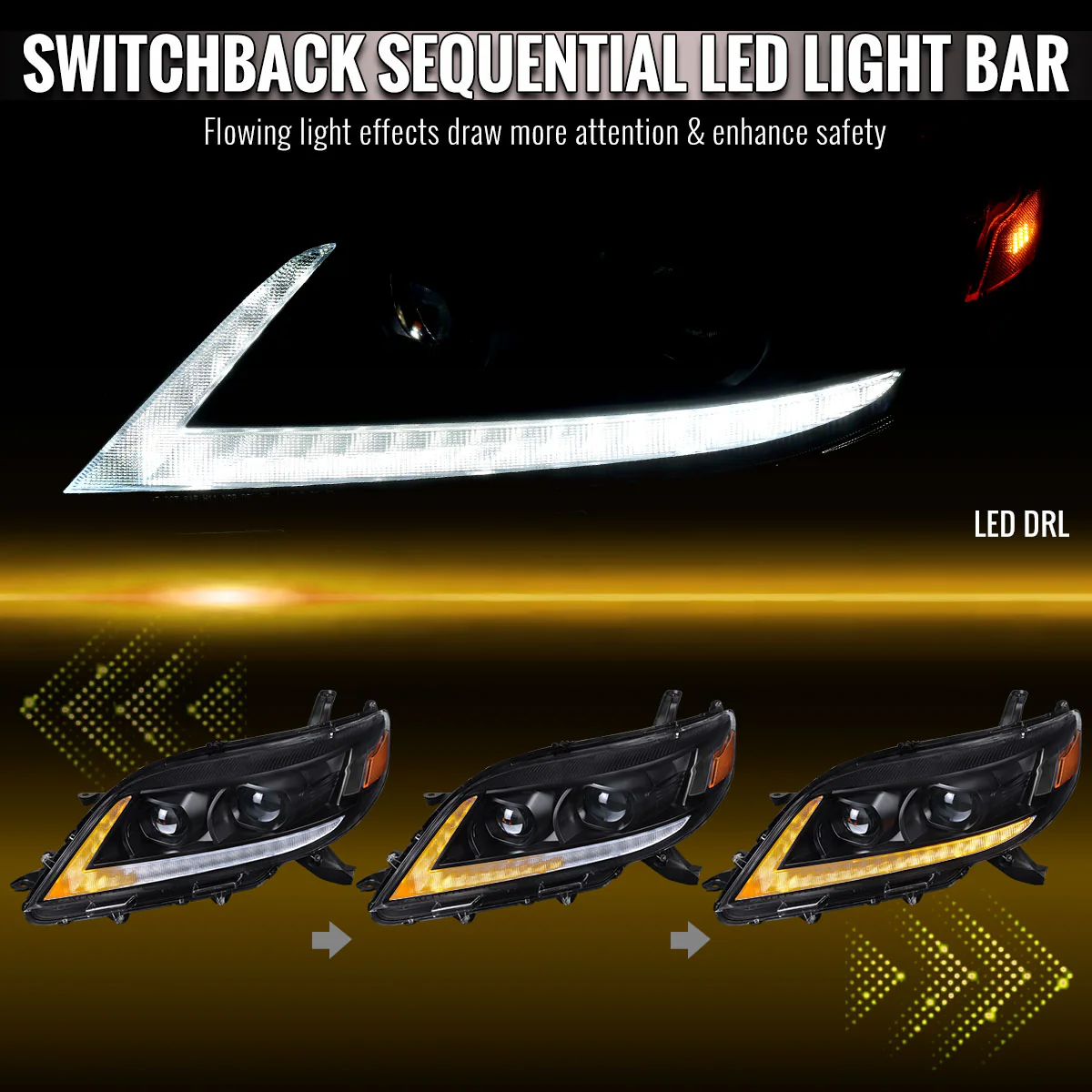 Spec-D Projector Headlights for Toyota Sienna (2011-2020) Sequential Turn Signal LED Bar - Black or Chrome - Image 6