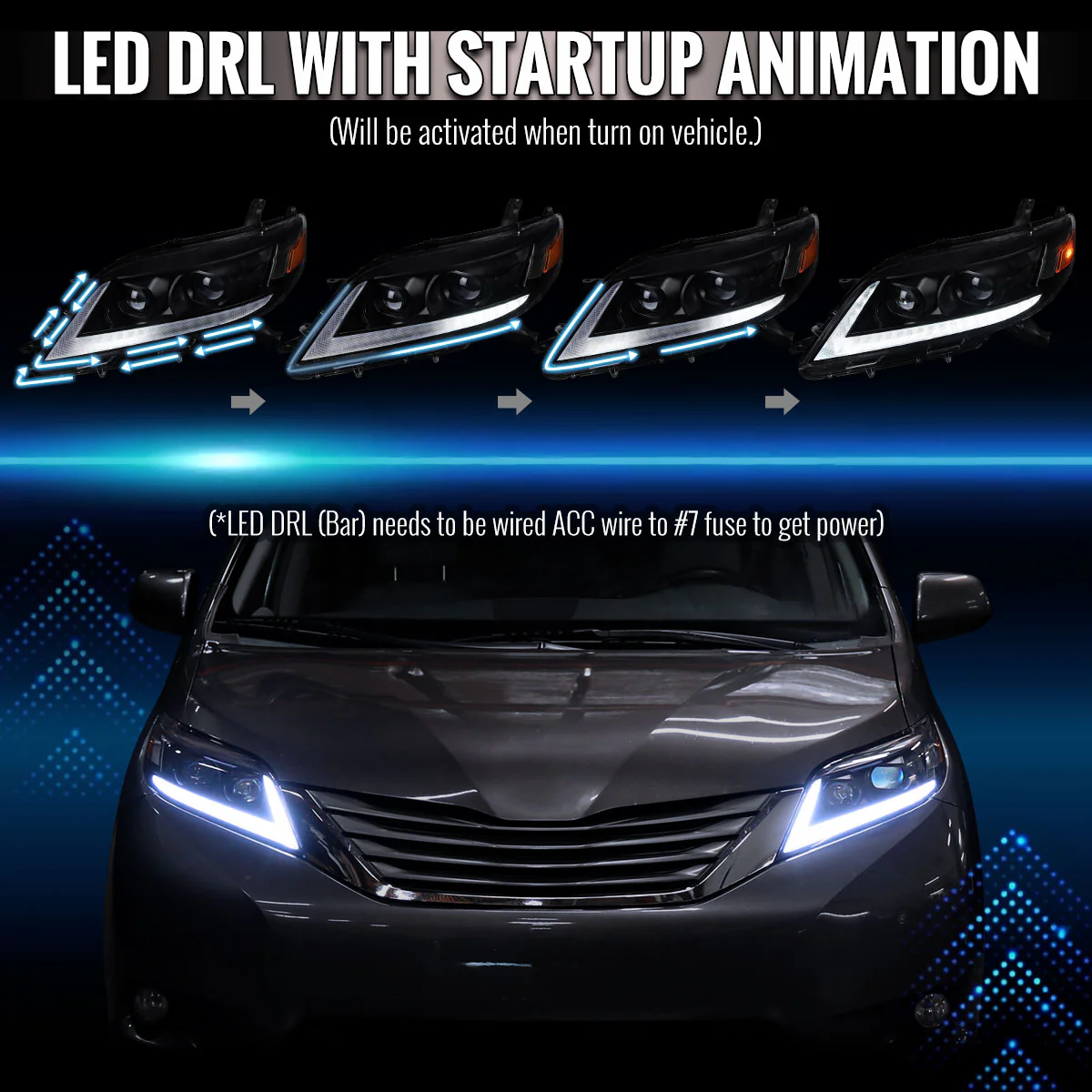 Spec-D Projector Headlights for Toyota Sienna (2011-2020) Sequential Turn Signal LED Bar - Black or Chrome - Image 7