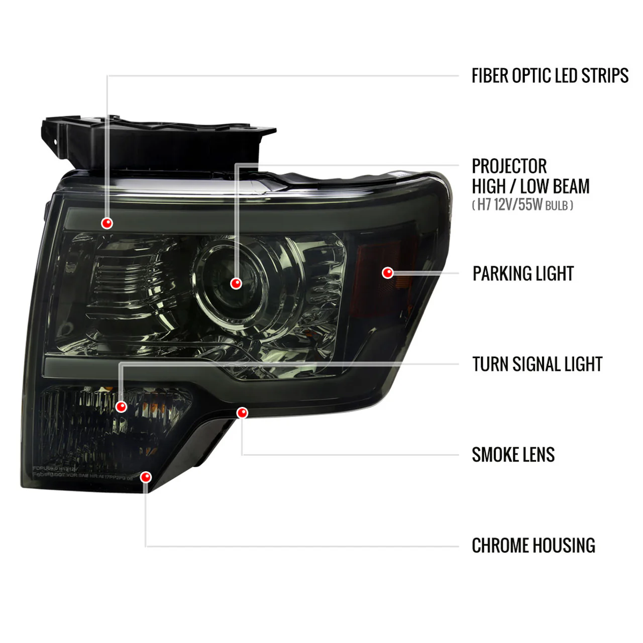 Spec-D Projector Headlights Ford F150 (2009-2014) w/ LED Strip - Smoked or Clear Lens - Image 2