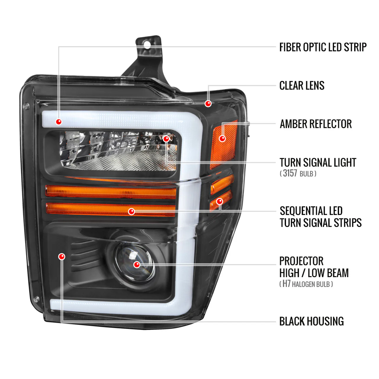 Spec-D Projector Headlights Ford F250 F350 F450 (2008-2010) Sequential LED Light Bar - Black / Chrome - Image 11