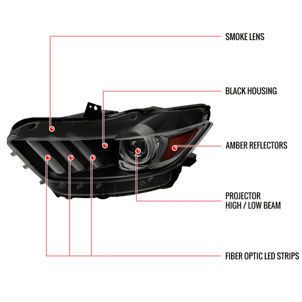 Spec-D Projector Headlights Ford Mustang S550 (15-17) Shelby (18-20) LED HID Black Housing w/ Smoked Lens - Image 8