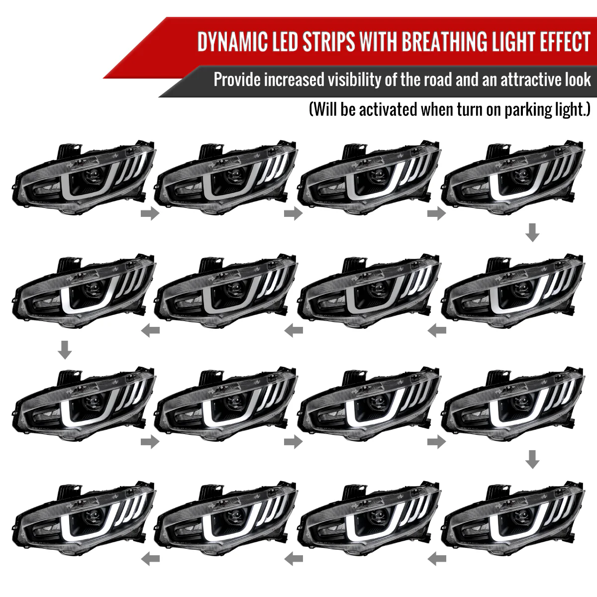 Spec-D Projector Headlights Honda Civic (2016-2021) LED Bar w/ Sequential Signal Chrome/Black - Image 10