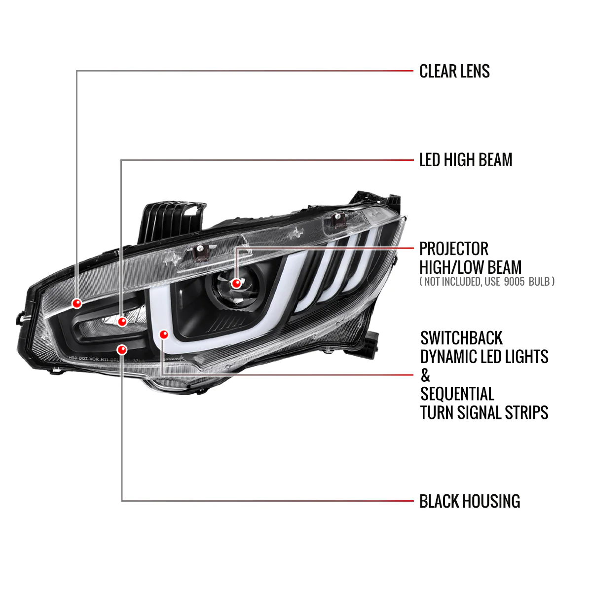 Spec-D Projector Headlights Honda Civic (2016-2021) LED Bar w/ Sequential Signal Chrome/Black - Image 12