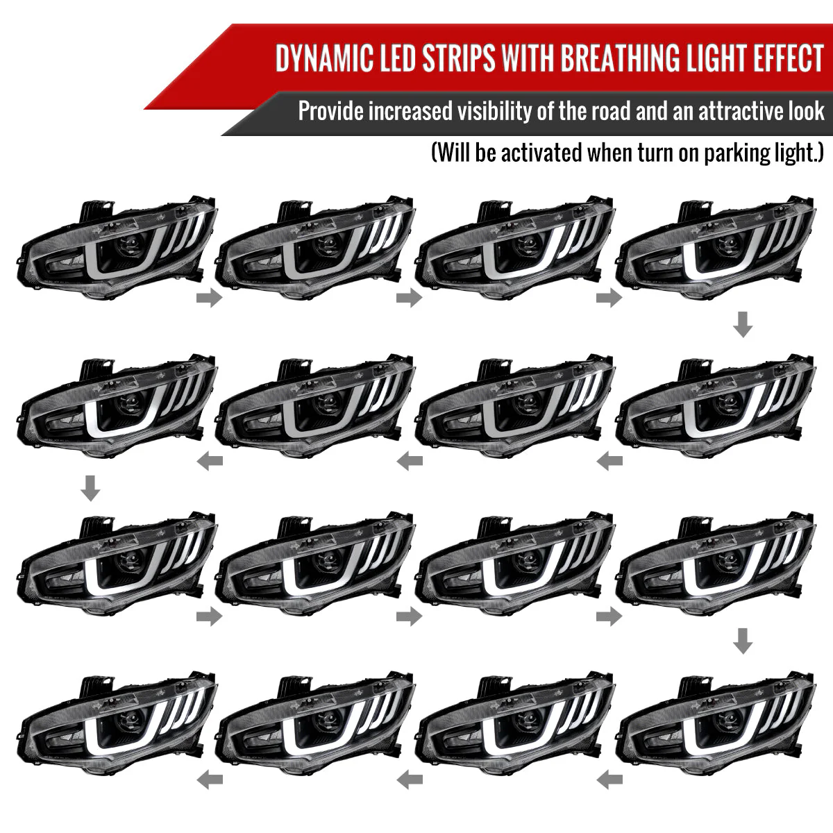 Spec-D Projector Headlights Honda Civic Type-R FK8 (2017-2021) LED Bar w/ Sequential Signal Chrome/Black - Image 10