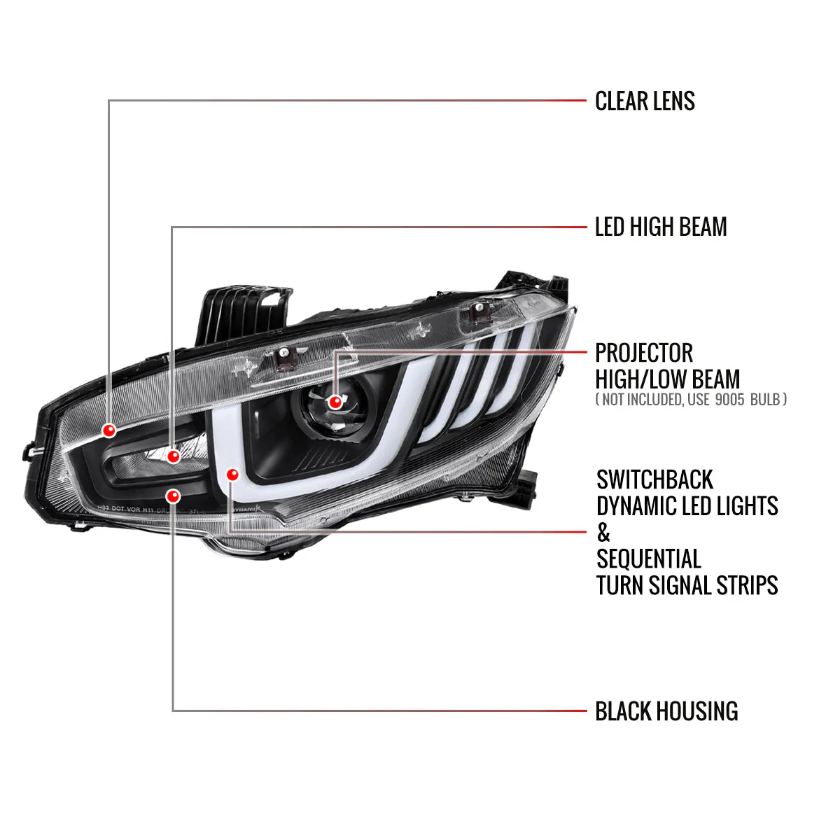 Spec-D Projector Headlights Honda Civic Type-R FK8 (2017-2021) LED Bar w/ Sequential Signal Chrome/Black - Image 12
