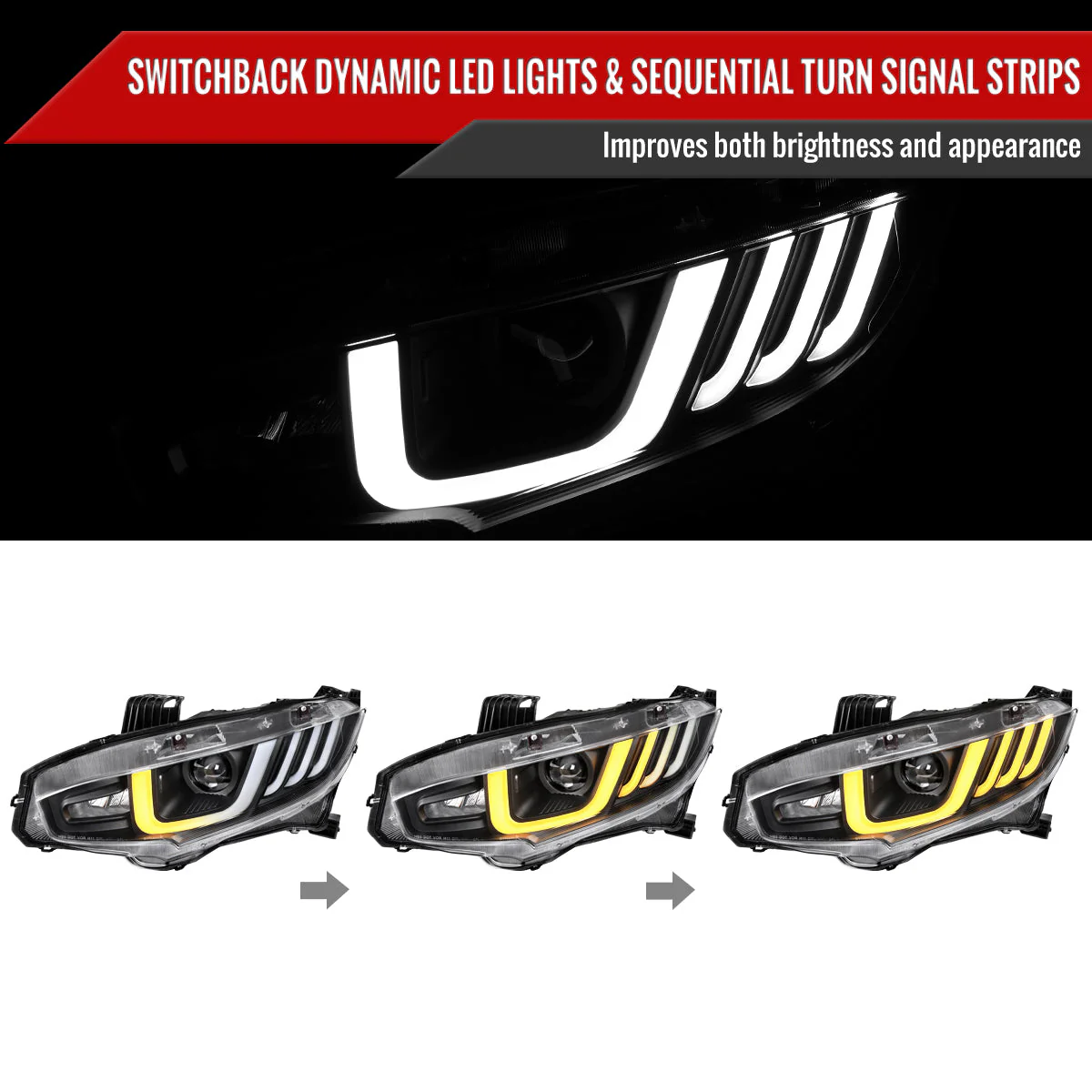 Spec-D Projector Headlights Honda Civic Type-R FK8 (2017-2021) LED Bar w/ Sequential Signal Chrome/Black - Image 9