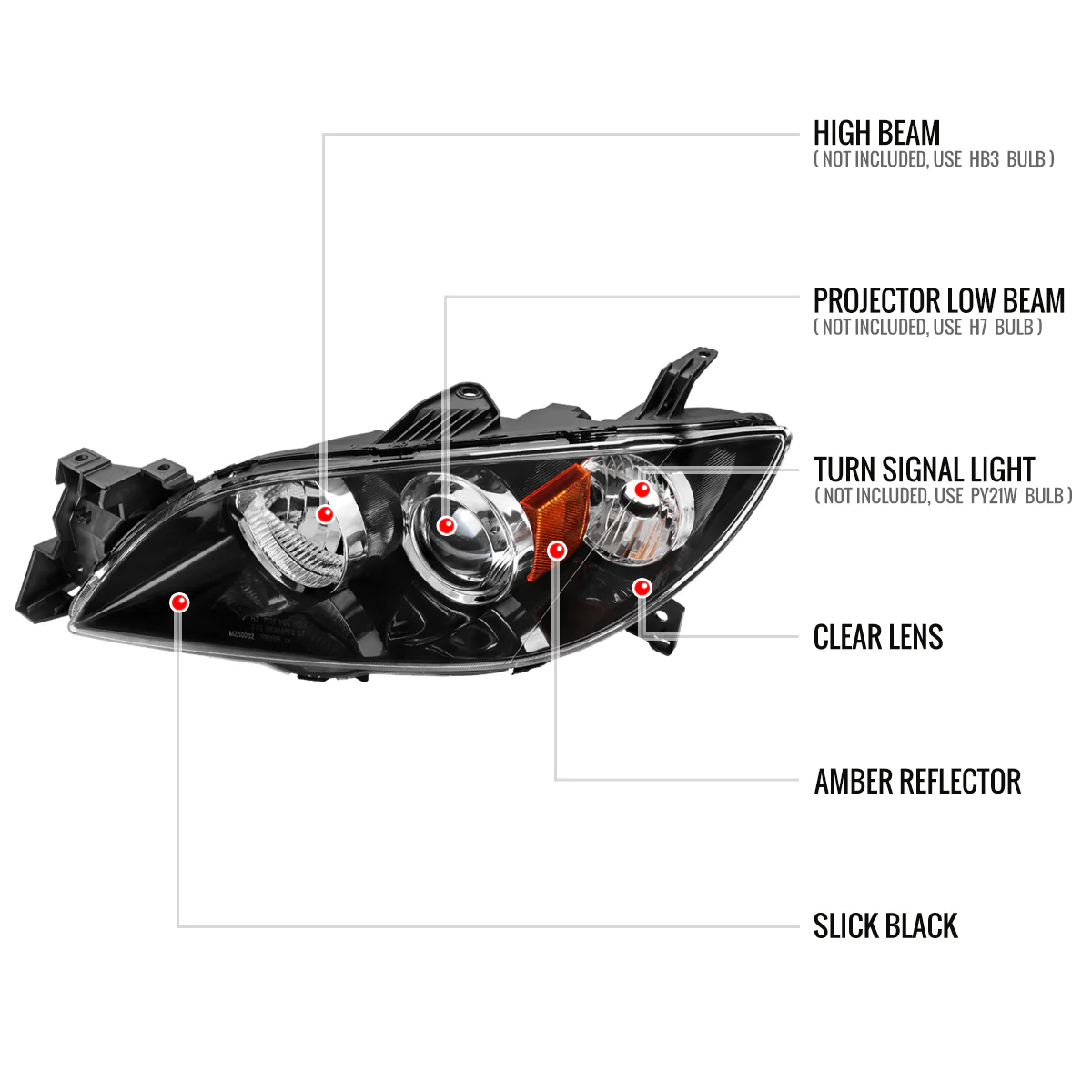 Spec-D Projector Headlights Mazda 3 Sedan (2004-2009) Black or Chrome Replacements - Image 4