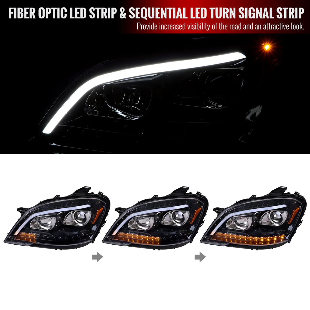 Spec-D Projector Headlights Mercedes W164 ML 350 / ML 550 / ML 63 (09-11) ML 320 / ML 450 (2009) w/ LED Sequetial Turn Signal Smoked or Clear Lens - Image 13