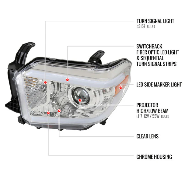 Spec-D Projector Headlights Toyota Tundra (2014-2021) w/ Switchback Sequential Turn Signal LED Bar - Black or Chrome - Image 8