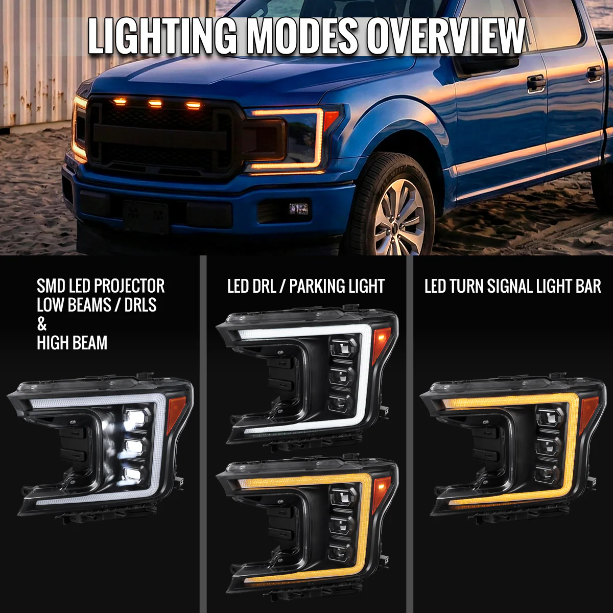 Spec-D Projector LED Headlights for Ford F150 (2018-2020) Sequential Switchback Turn Signals - Clear or Smoked Lens - Image 6