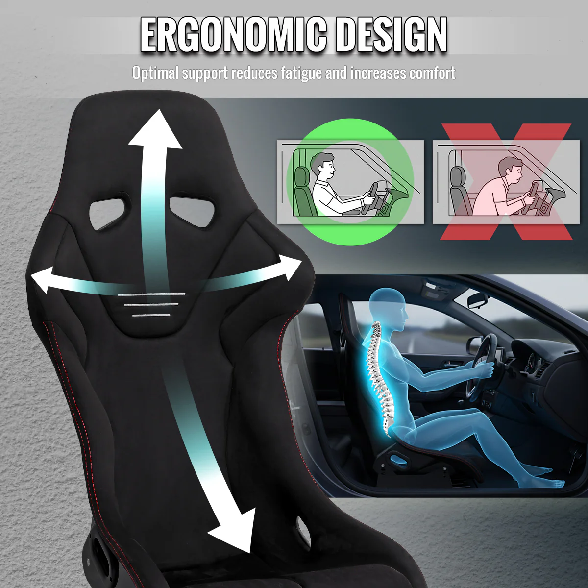 Spec-D Racing Seats (Fixed Back) - Black Suede with Red or Silver Stitching - Image 7