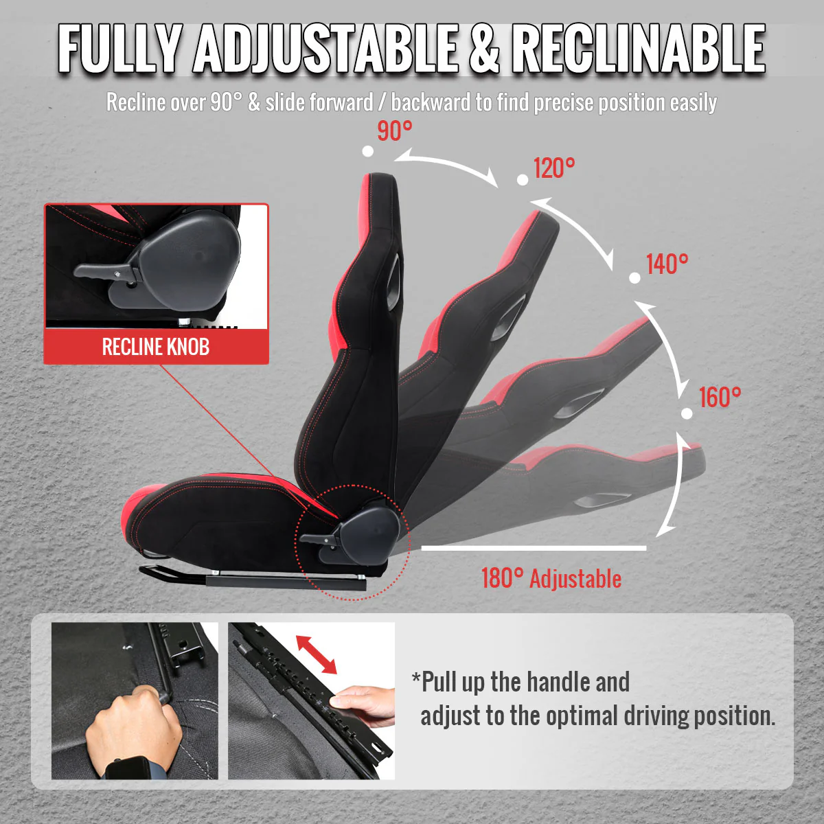 Spec-D Racing Seats FL5 Type R Style (Adjustable & Reclinable) Red & Black Suede - Image 3