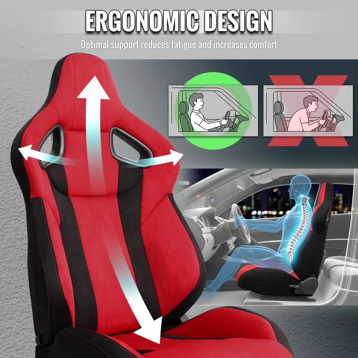 Spec-D Racing Seats FL5 Type R Style (Adjustable & Reclinable) Red & Black Suede - Image 7