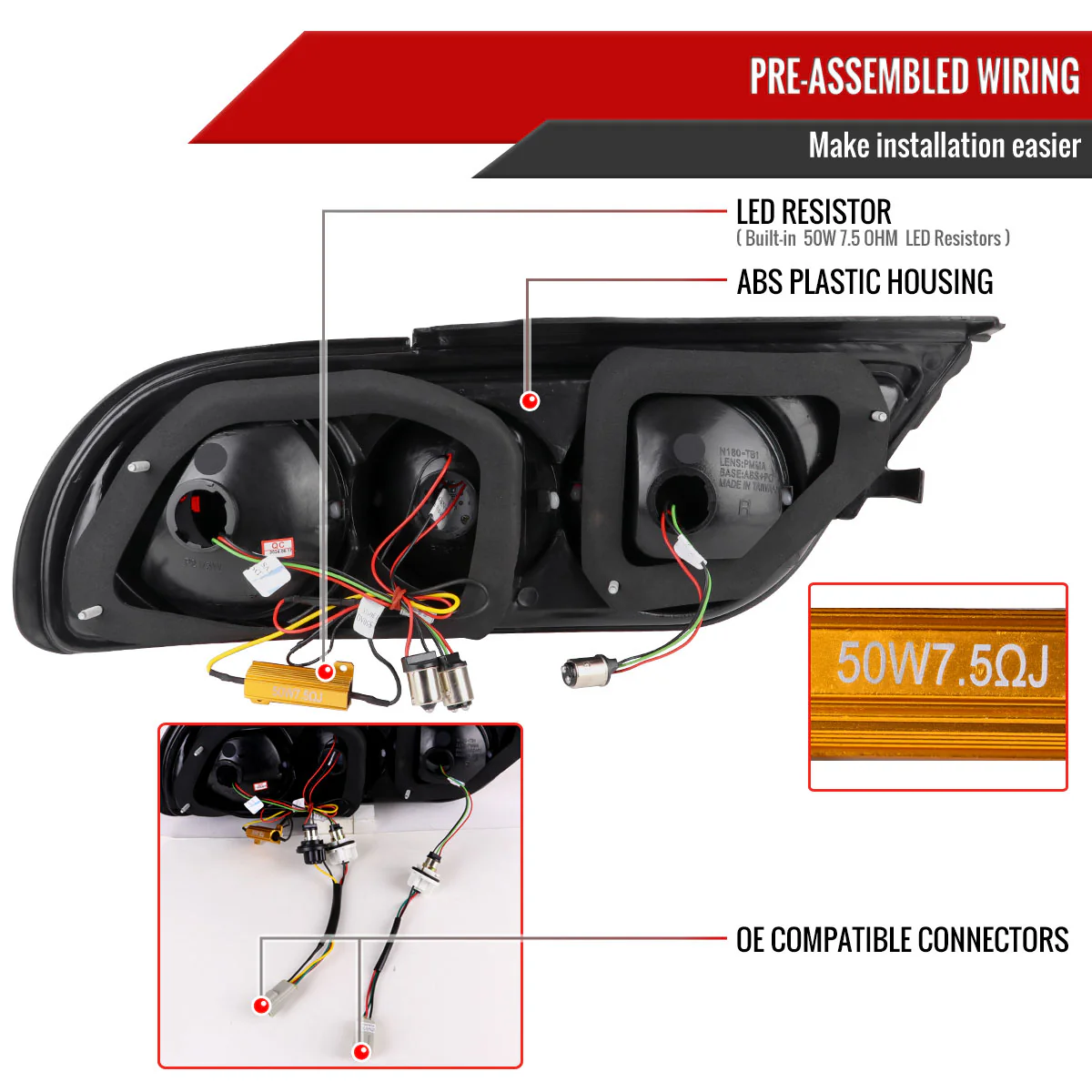 Spec-D Tail Lights Nissan 180SX RS13 (1991-1998) LED Lightbar TI Chrome w/ Red Lens - Image 7