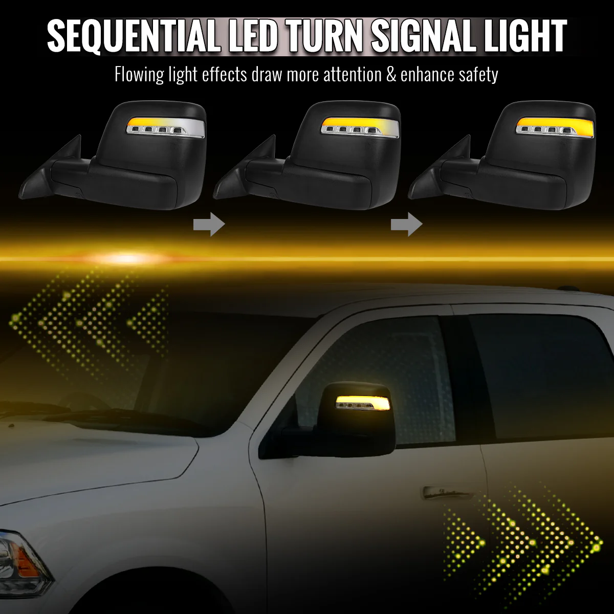 Spec D Towing Mirrors for Ram 1500 2500 3500 4th Gen (09-18) Power Heated Adjustable w/ Sequential LED Signal - Black or Chrome - Image 3