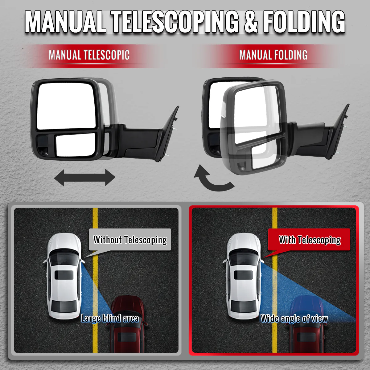Spec D Towing Mirrors for Ram 1500 2500 3500 4th Gen (09-18) Power Heated Adjustable w/ Sequential LED Signal - Black or Chrome - Image 6