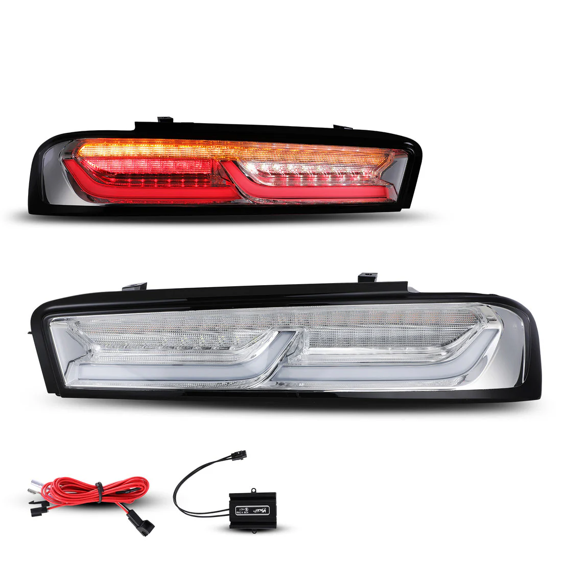 Winjet LED Tail Lights for Chevy Camaro (2016-2018) with Sequential Turn Signal (Yellow Turn Lights) - Chrome CTRNG0710JA-CC