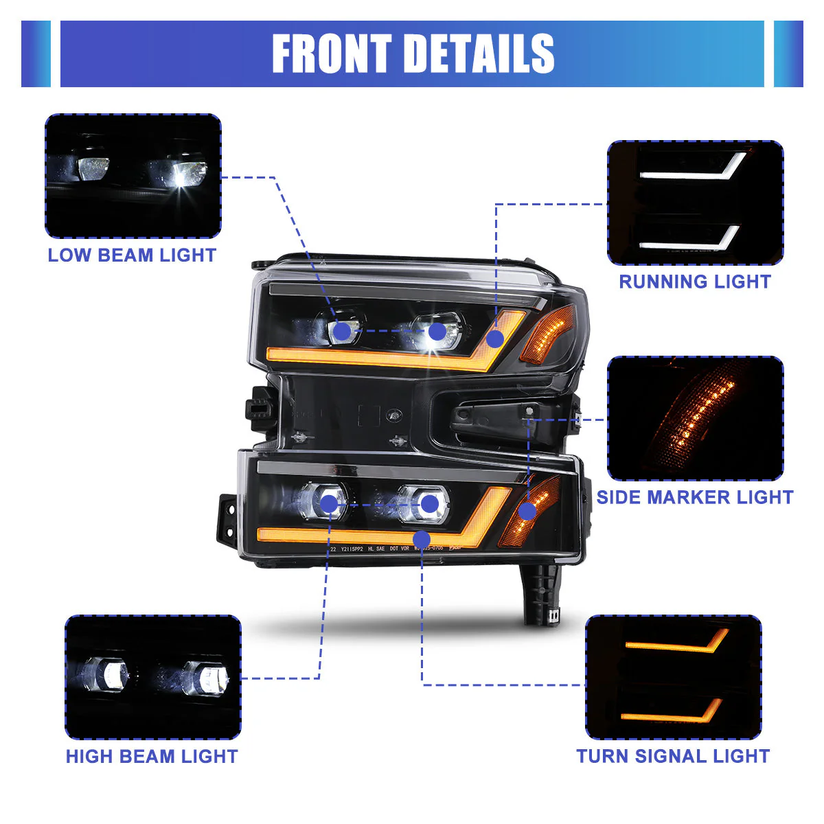 Winjet Projector Headlights for Chevy Silverado 1500 (2019-2022) Full LED with Sequential Turn Signal, DRL - Matte Black Housing CHRNG0705JI-BC-D3 - Image 2