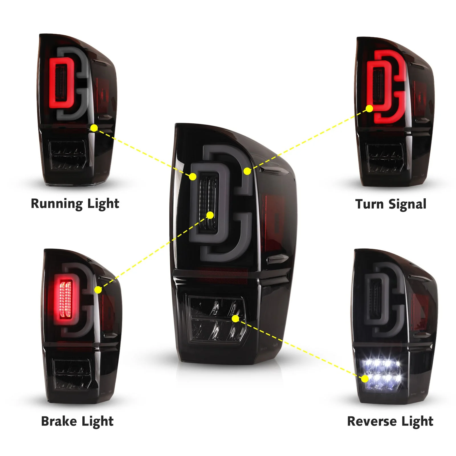 Winjet Sequential LED Tail Lights Toyota Tacoma 3rd Gen (2016-2023) Black With Clear / Smoked / Red Lens - Image 3