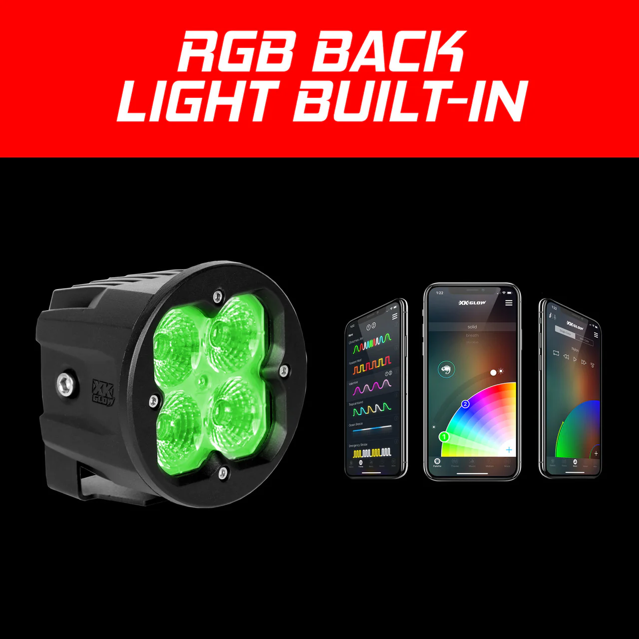 XKGlow 2pc Round XKchrome 20w LED Cube Light w/ RGB Accent Light Kit - Driving Beam [w/ Controller & Fog Mount] - Driving/ Flood/ Fog/ Spot Beam - Image 6