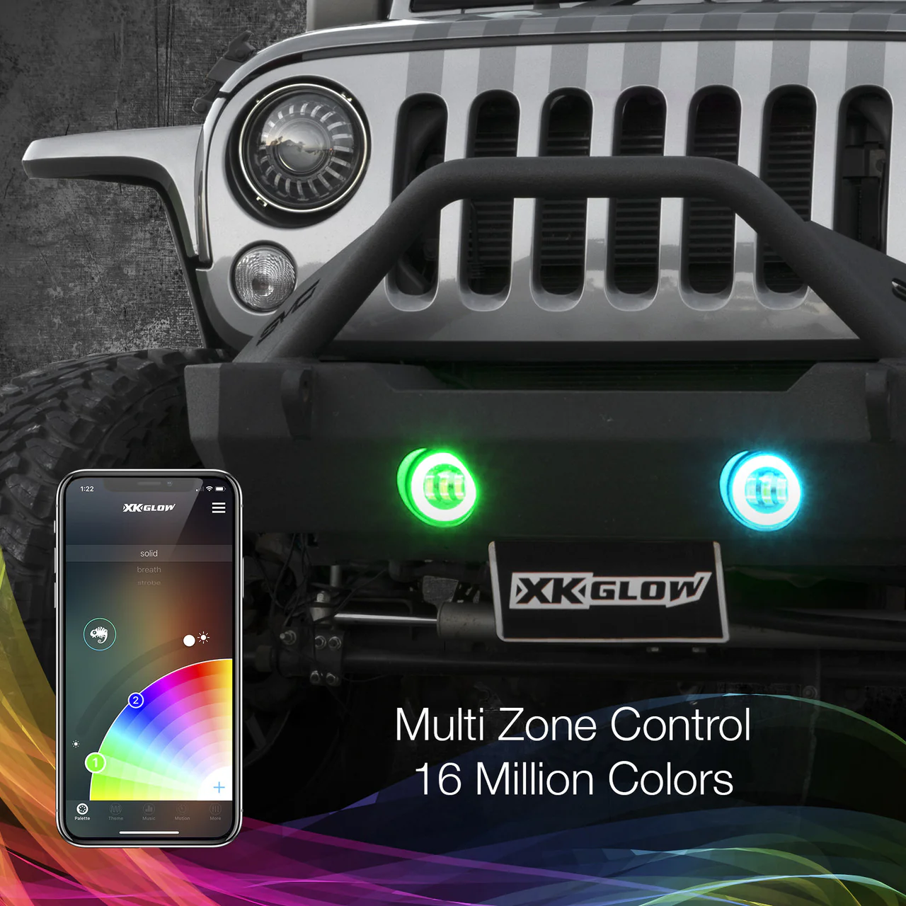 XKGlow 4" Black RGB LED Fog Light w/ XKchrome Bluetooth App Controlled Kit - Jeep Wrangler JK or JL - Image 4