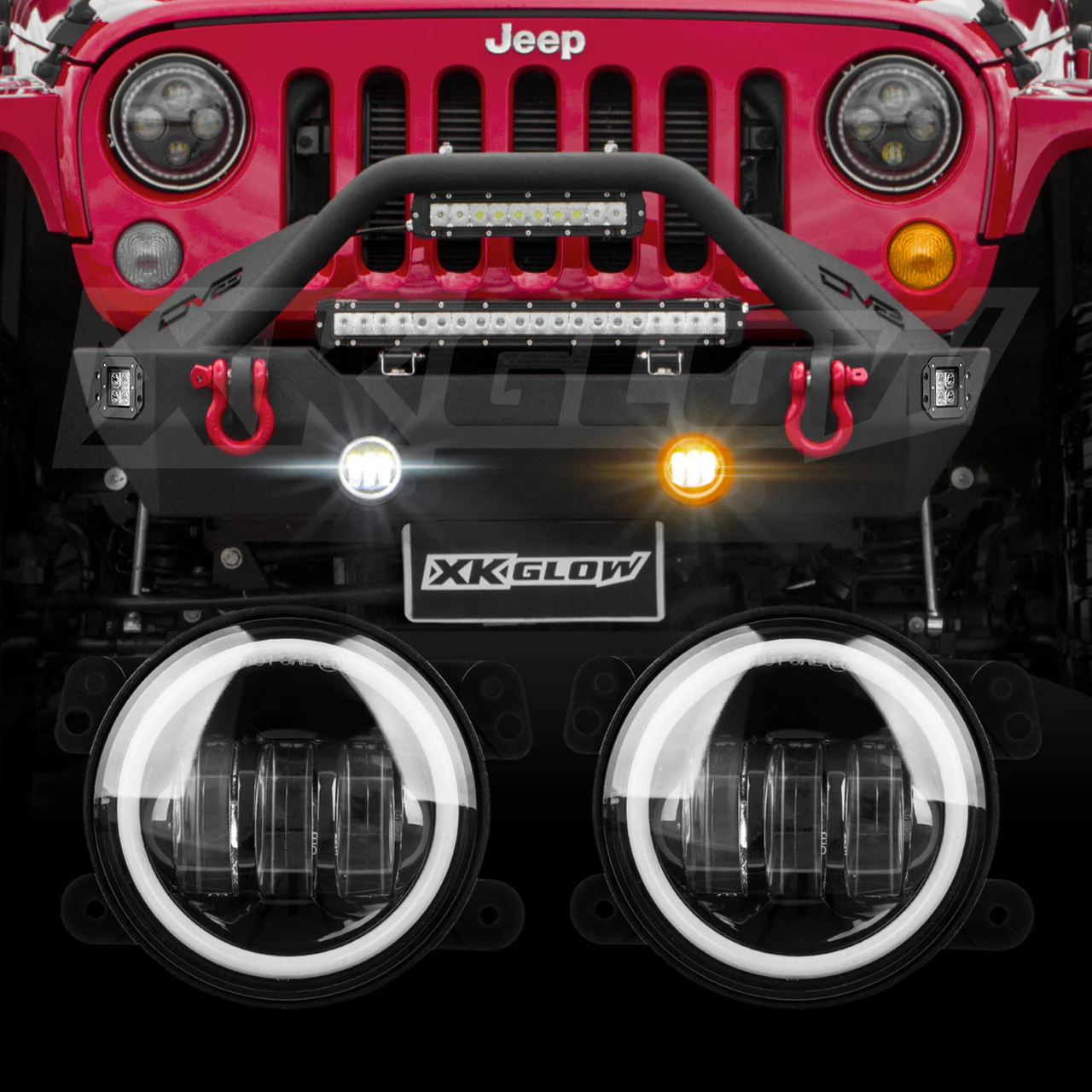 XKGlow Fog Light Kit Jeep Wrangler JK 2pc (4inches) w/ Switchback Halo White DRL + Amber Turn Signal - Image 3