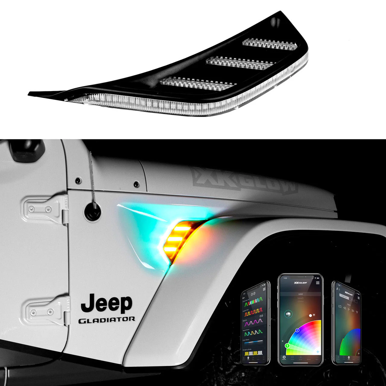 XKGlow RGB + Amber Fender Vent Jeep Wrangler JL/ Gladiator JT w/ Turn Signal Running Light / XKChrome Smartphone App - Image 3