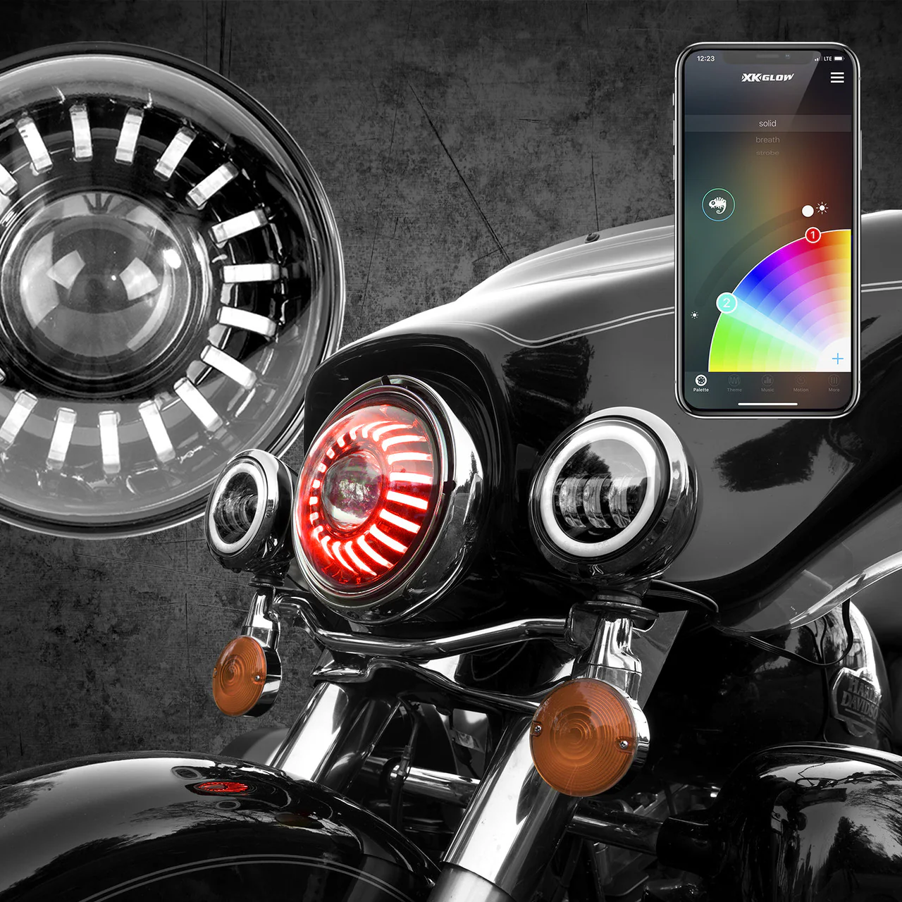 XKGlow RGB LED Headlight XKchrome Bluetooth App Controlled Kit (Harley) - 7 inches - Image 2