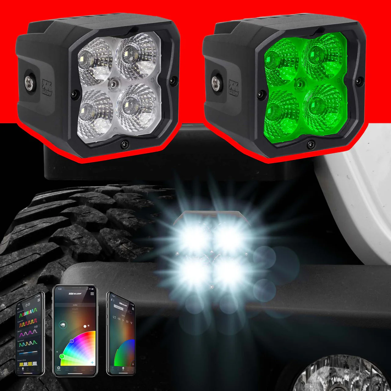 XKGlow 2pc XKChrome 20w LED Cube Light + RGB Accent Light Kit - Driving Beam [w/ Controller] - Driving/ Flood/ Fog/ Spot Beam - Image 5