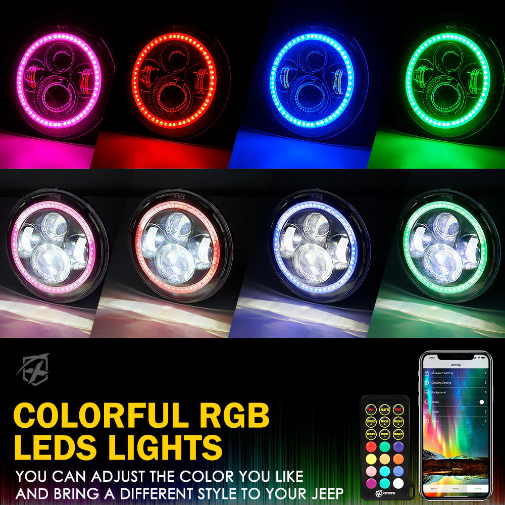 Xprite 7" LED RGB Halo Headlights Jeep Wrangler (1997-2018) w/ Daytime Running Lights - Image 2