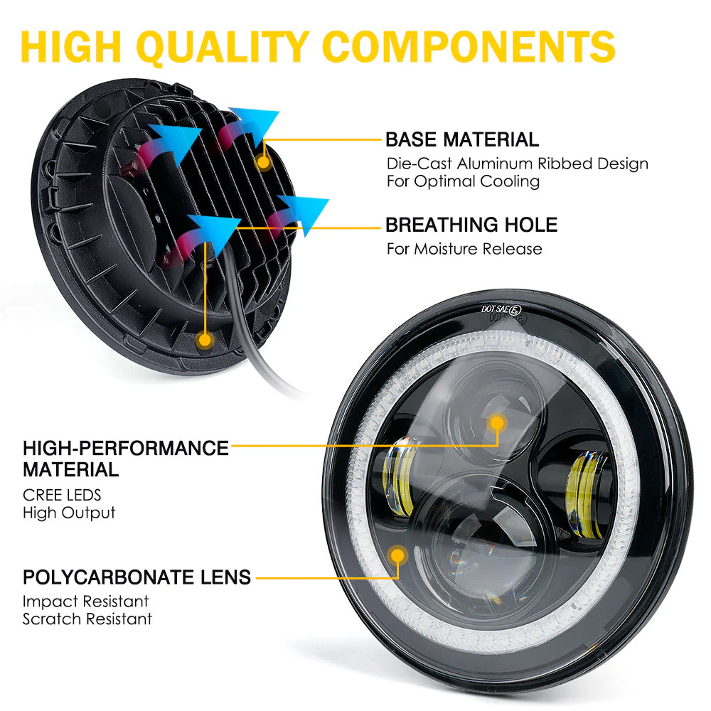 Xprite 7" LED RGB Halo Headlights Jeep Wrangler (1997-2018) w/ Daytime Running Lights - Image 3