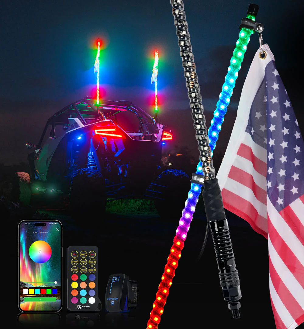 Xprite RGB LED Whip Lights w/ Spring Mount & U.S. Flag / Xprite Flag - Multiple Length Options - Image 3