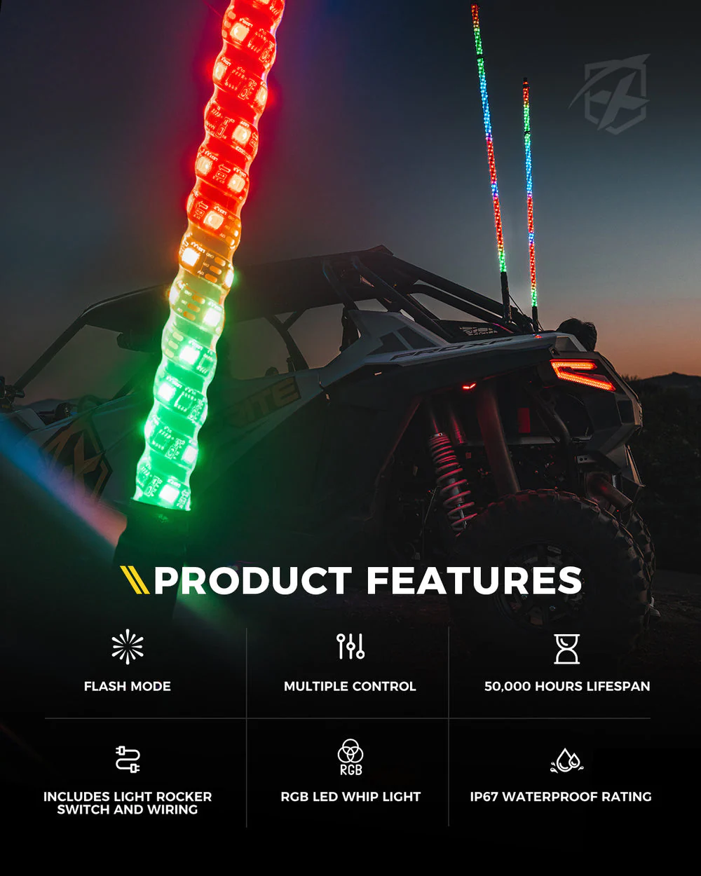 Xprite RGB LED Whip Lights w/ Spring Mount & U.S. Flag / Xprite Flag - Multiple Length Options - Image 6