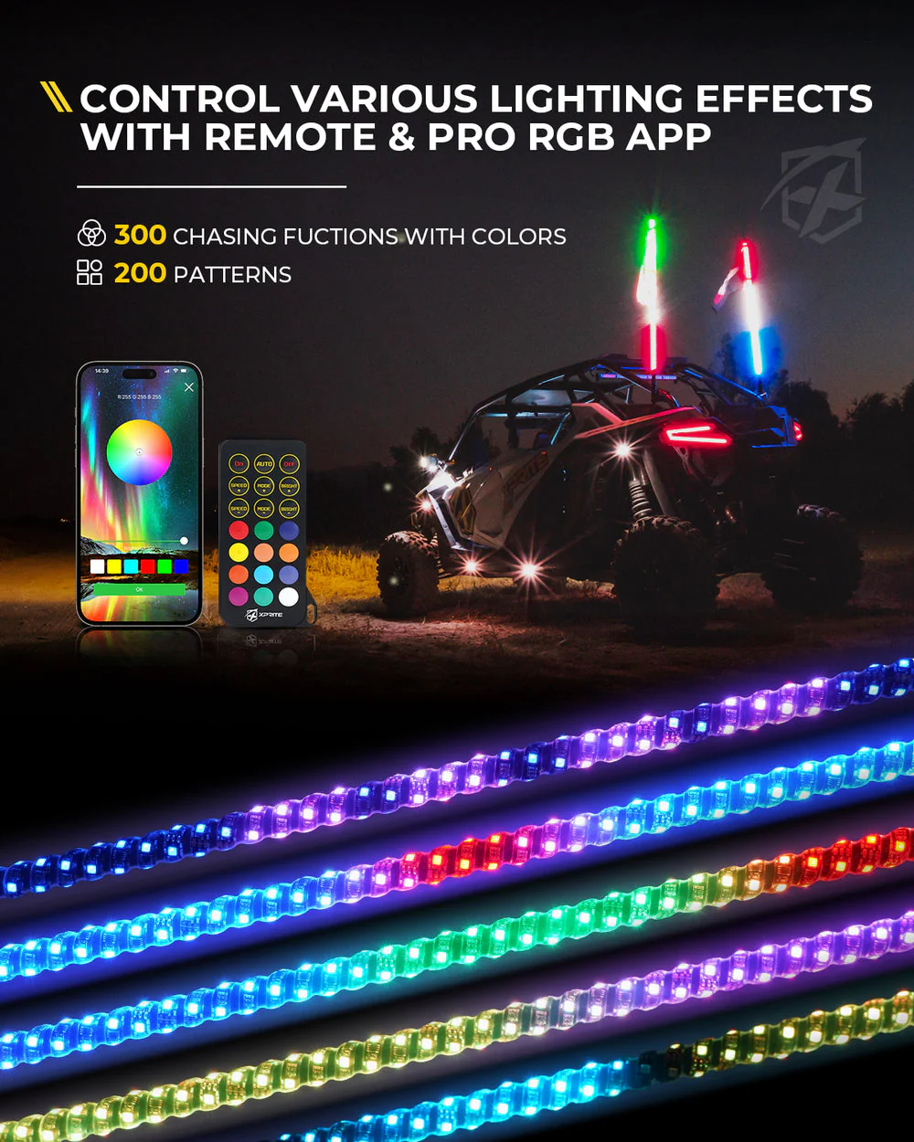Xprite RGB LED Whip Lights w/ Spring Mount & U.S. Flag / Xprite Flag - Multiple Length Options - Image 7