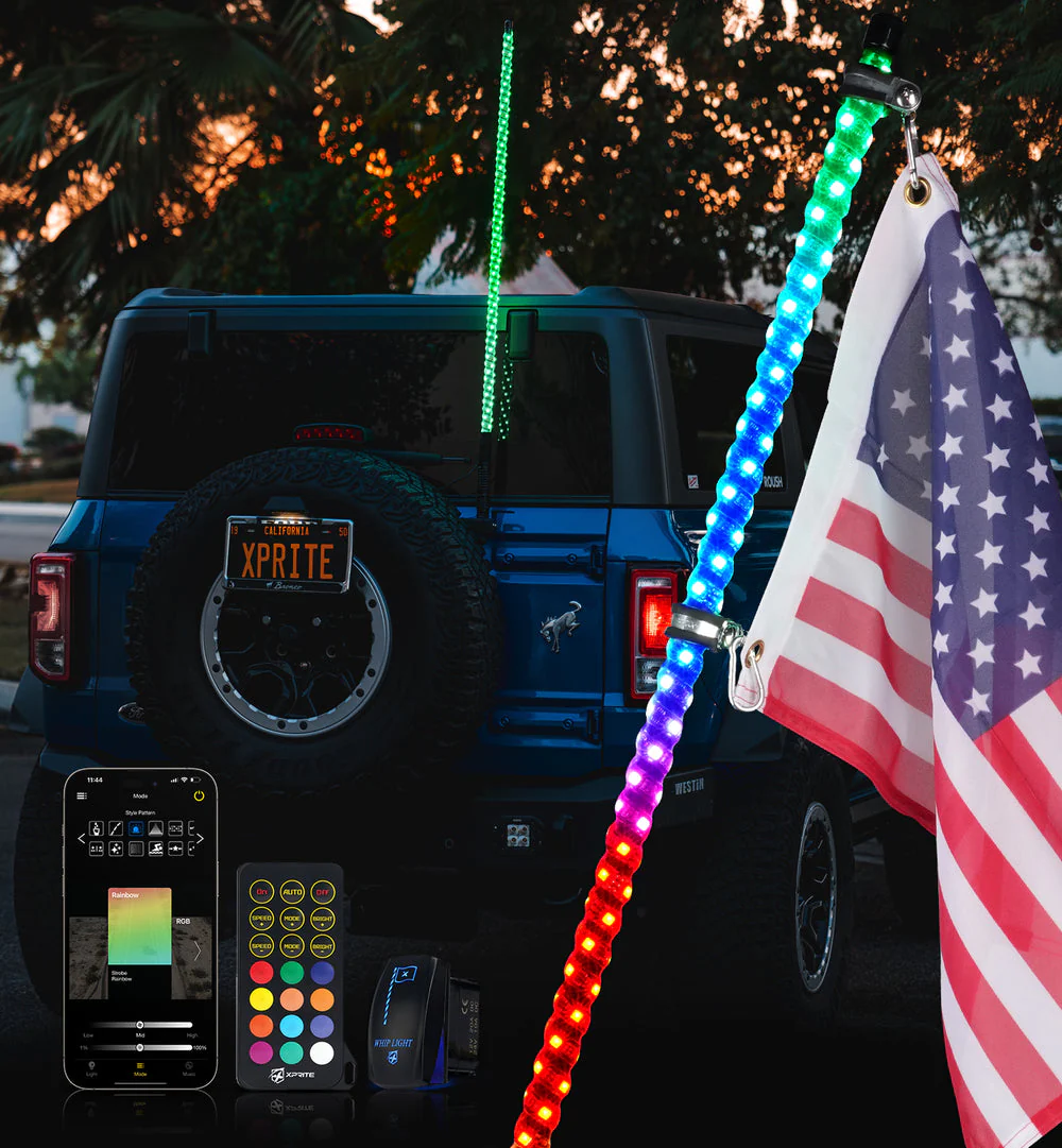 Xprite RGB LED Whip Lights w/ Spring Mount & U.S. Flag / Xprite Flag - Multiple Length Options - Image 8