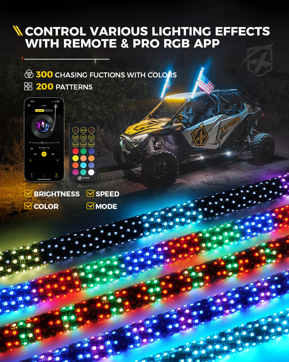 Xprite RGB-W Fat LED Whip Lights w/ U.S. / Xprite Flag - Multiple Length Options - Image 7