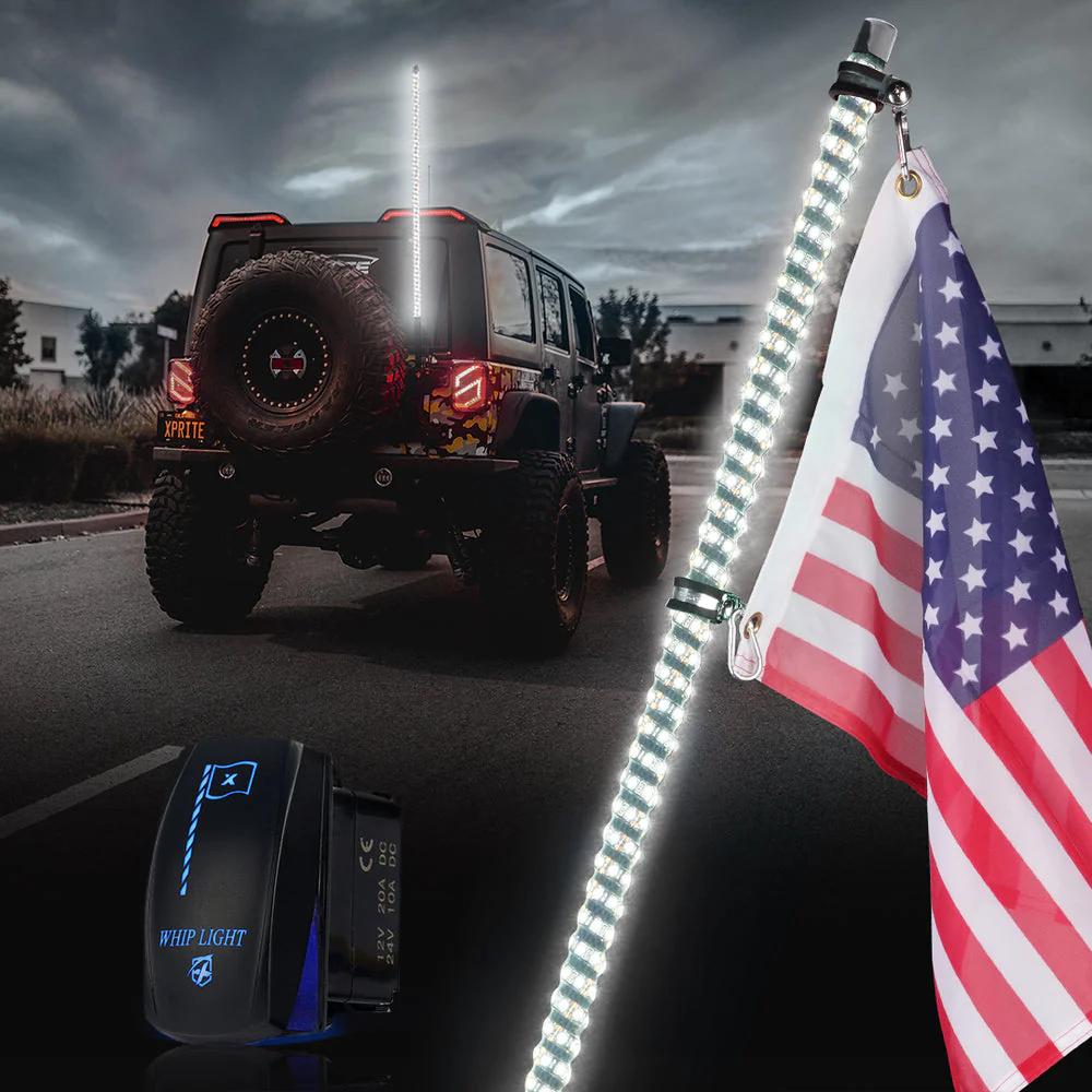 Xprite Spiral Solid Color LED Flag Pole Whip Light - Multiple Length & Light Color Options