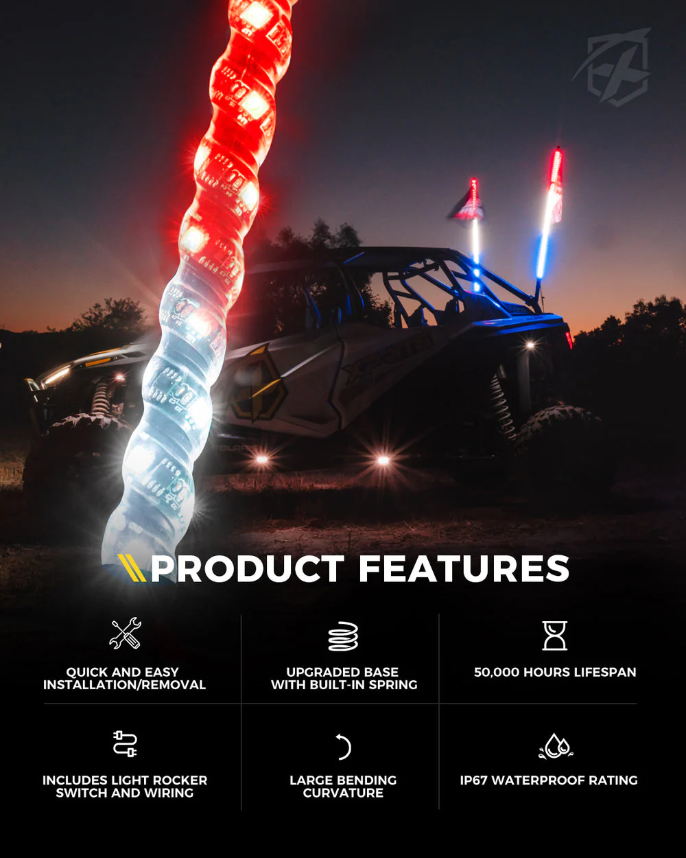 Xprite Spiral Solid Color LED Flag Pole Whip Light - Multiple Length & Light Color Options - Image 6