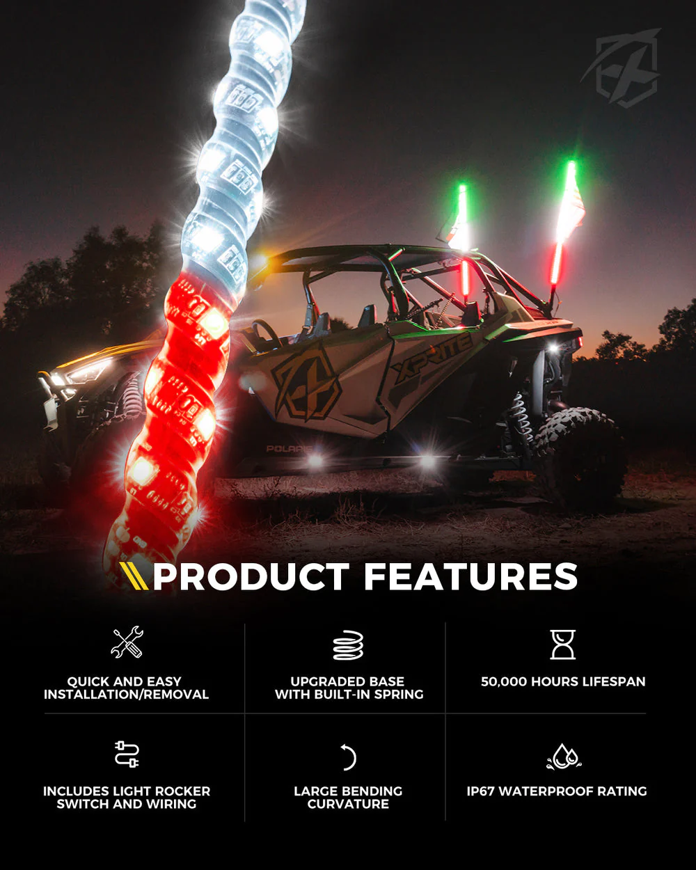 Xprite Spiral Static LED Whip Light w/ Mexico Eagle Flag - Multiple Length Options - Image 3