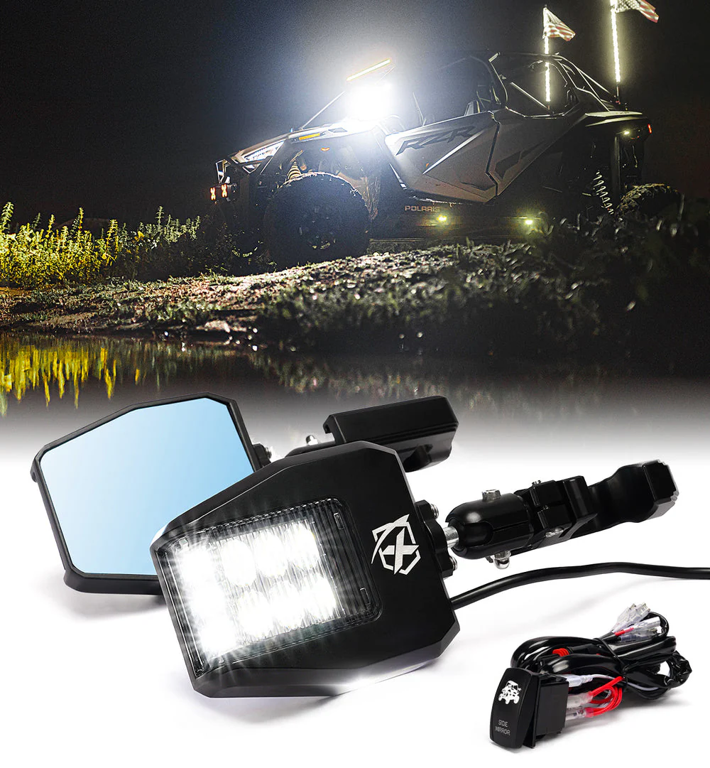 Xprite UTV Side Mirrors w/ LED Spotlight & Puddle Light [1.75" to 2" Rollbar Cages] Clear or Smoke Lens