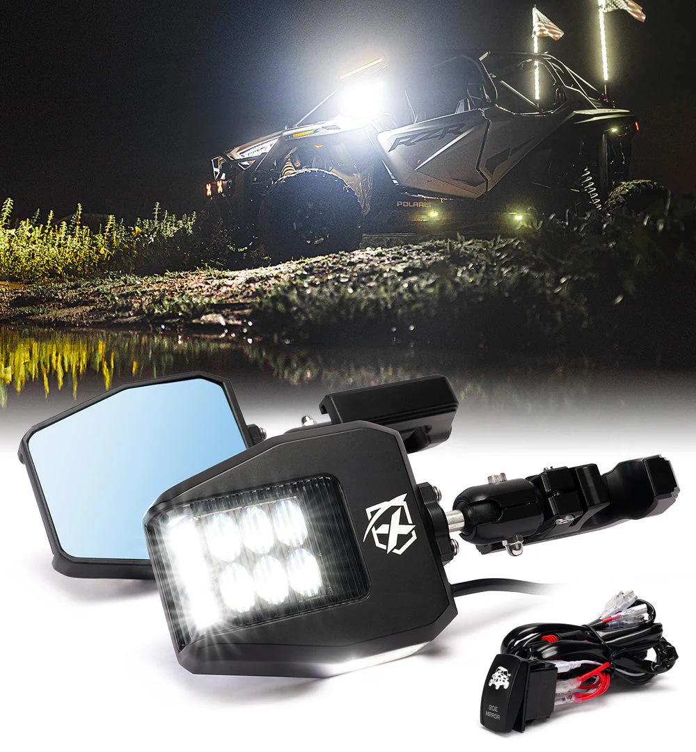 Xprite UTV Side Mirrors w/ LED Spotlight & Puddle Light [1.75" to 2" Rollbar Cages] Clear or Smoke Lens - Image 2