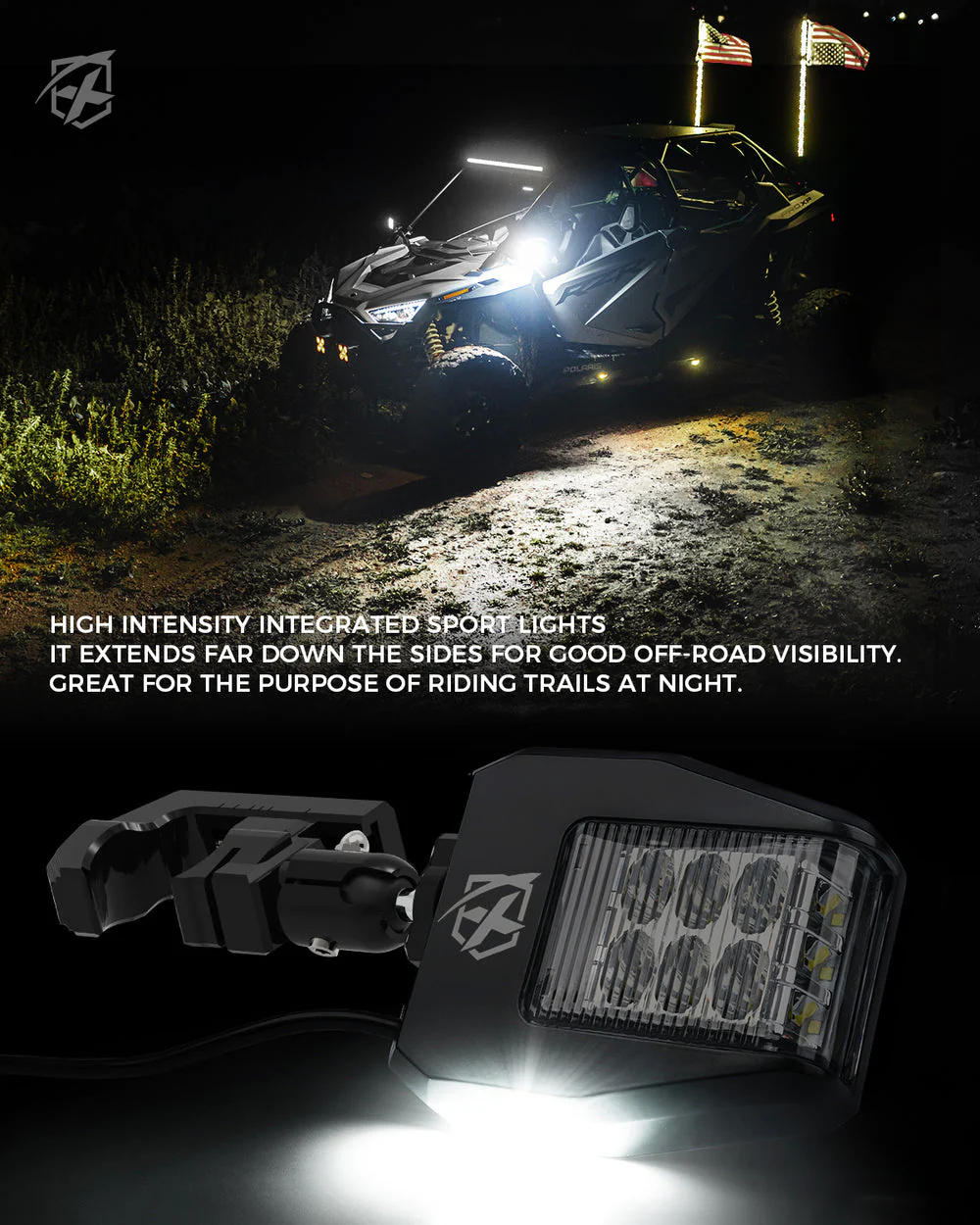 Xprite UTV Side Mirrors w/ LED Spotlight & Puddle Light [1.75" to 2" Rollbar Cages] Clear or Smoke Lens - Image 3
