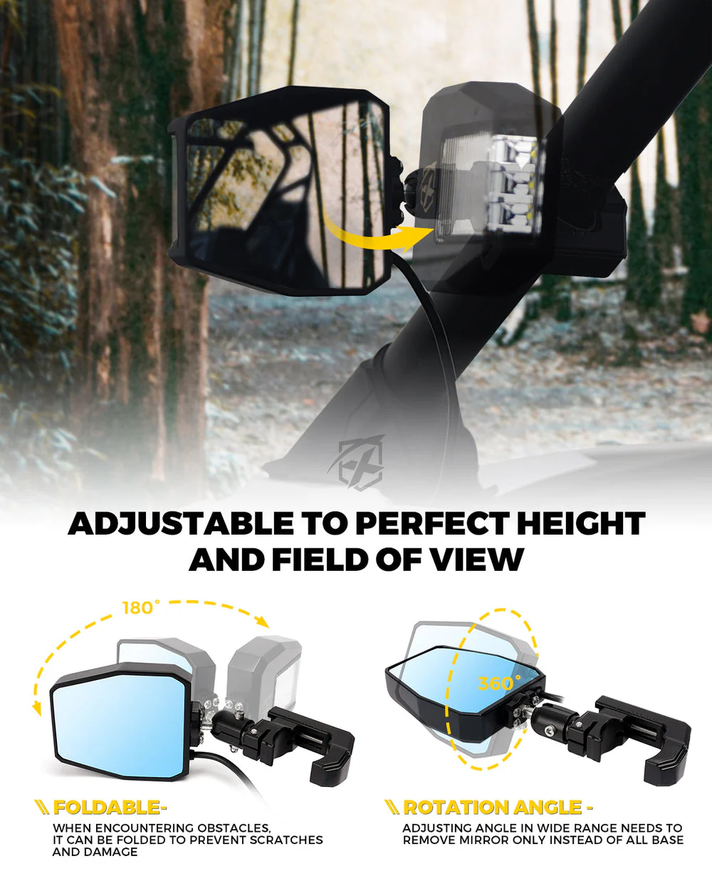 Xprite UTV Side Mirrors w/ LED Spotlight & Puddle Light [1.75" to 2" Rollbar Cages] Clear or Smoke Lens - Image 5