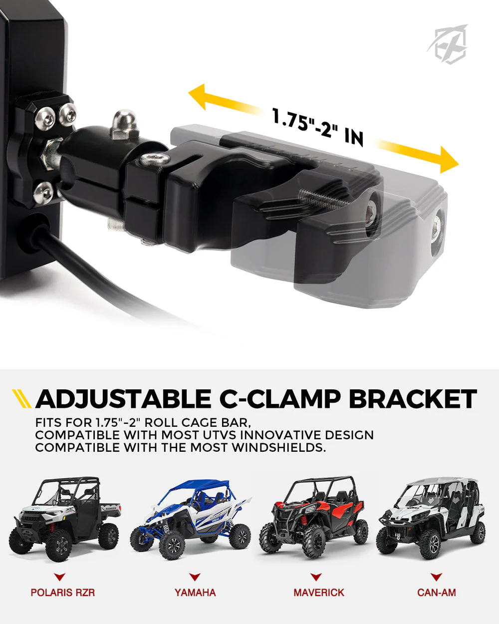 Xprite UTV Side Mirrors w/ LED Spotlight & Puddle Light [1.75" to 2" Rollbar Cages] Clear or Smoke Lens - Image 8