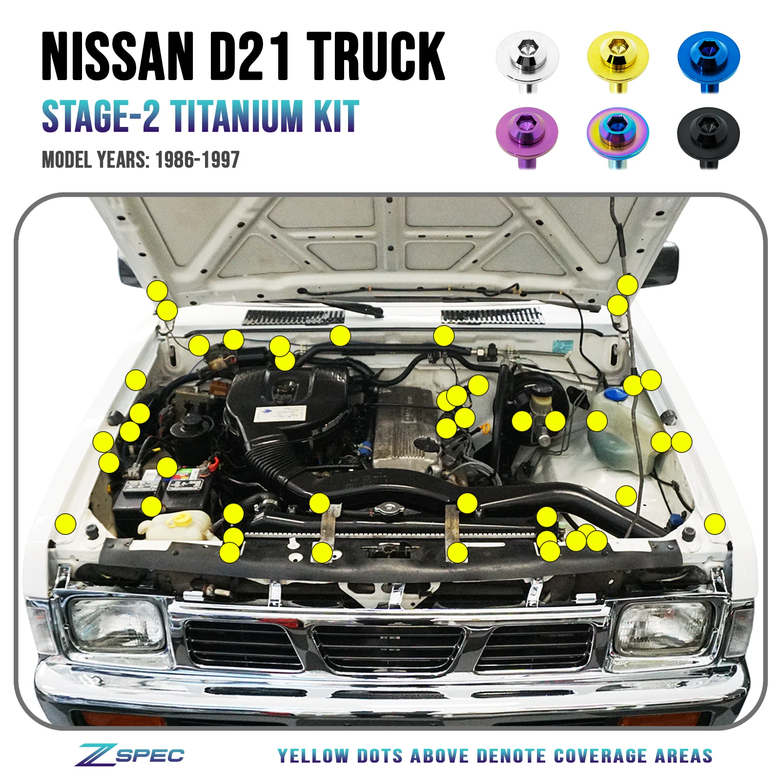 ZSPEC Stage-2 Engine Bay Fastener Kit for Nissan Hardbody D21 Pickup Truck, Titanium