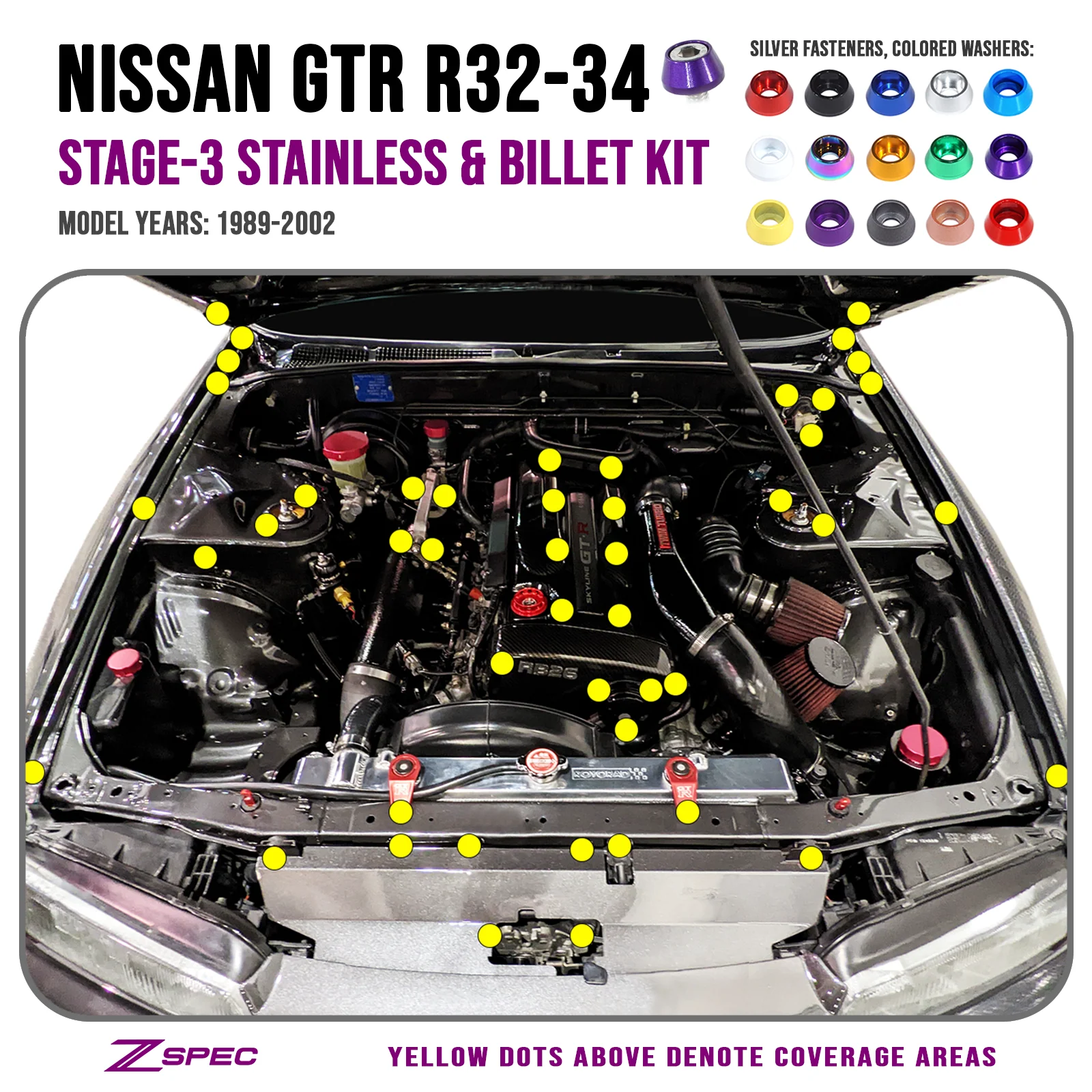 ZSPEC Stage-3 Dress Up Bolts® Kit for Nissan Skyline GTR R32/R33/R34, Stainless & Billet
